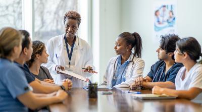 Female doctor teaching nursing students